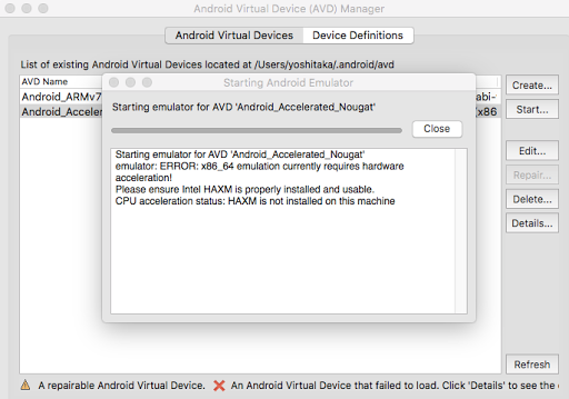 AVD Manager のエミュレータ起動エラー画面。HAXM未インストールで x86_64 が起動できないメッセージ