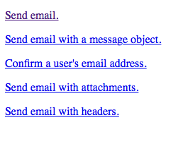 GAEメール送信サンプルアプリの画面。Send email など5つのリンクが並ぶ簡素なページ