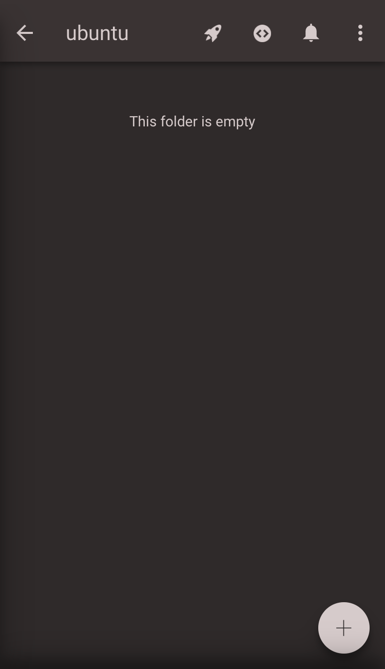 Codeanywhereアプリのubuntuコンテナ画面。ファイル一覧は空で「This folder is empty」と表示