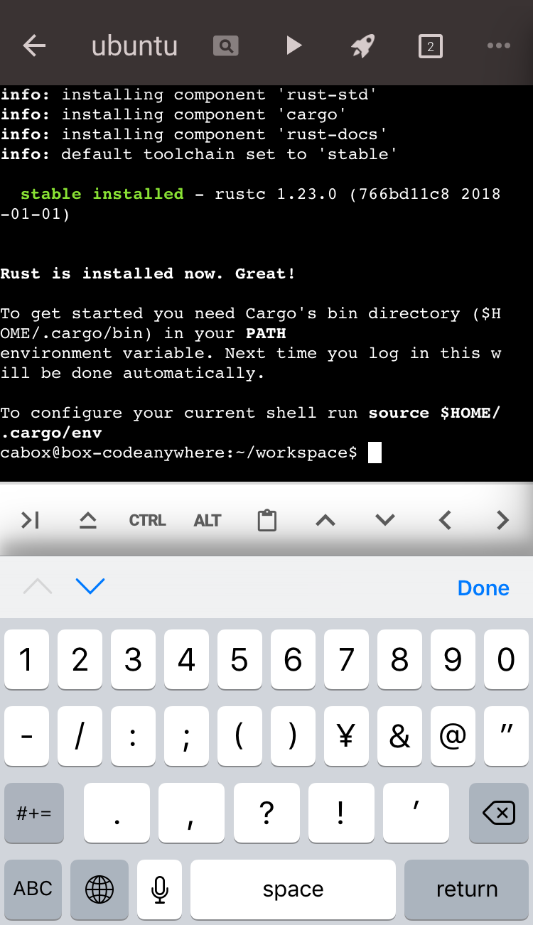Rustインストール完了のターミナル画面、rustc1.23.0導入とcargoのPATH追加案内を表示