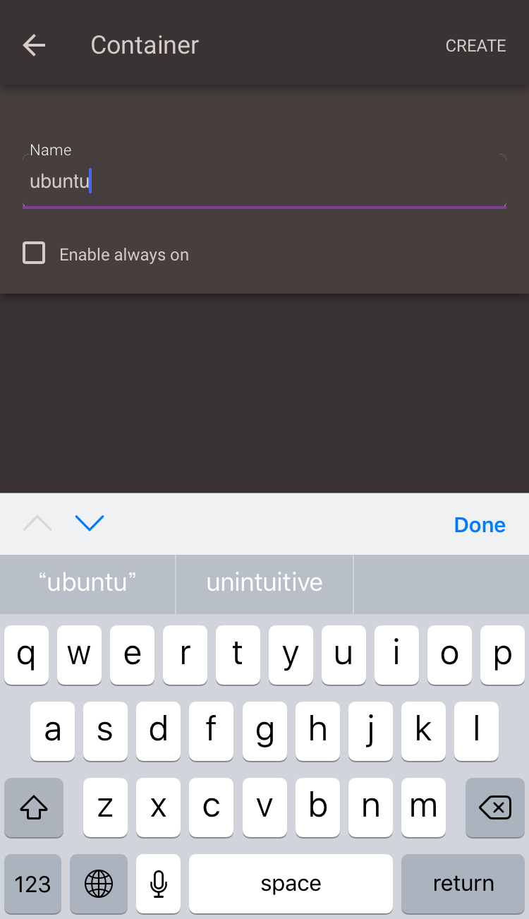 Codeanywhereのコンテナ作成画面、Name欄に「ubuntu」と入力しキーボード表示中