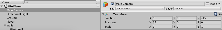 UnityでMain Cameraを選択し、Transformの位置をY18・Z-15、回転X35に調整したInspector画面