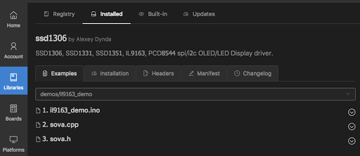 PlatformIOライブラリ管理画面、Alexey Dynda製ssd1306ライブラリのExamplesタブとデモファイル一覧