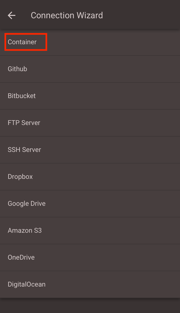Codeanywhereの接続ウィザードで接続先一覧からContainerを赤枠で選択