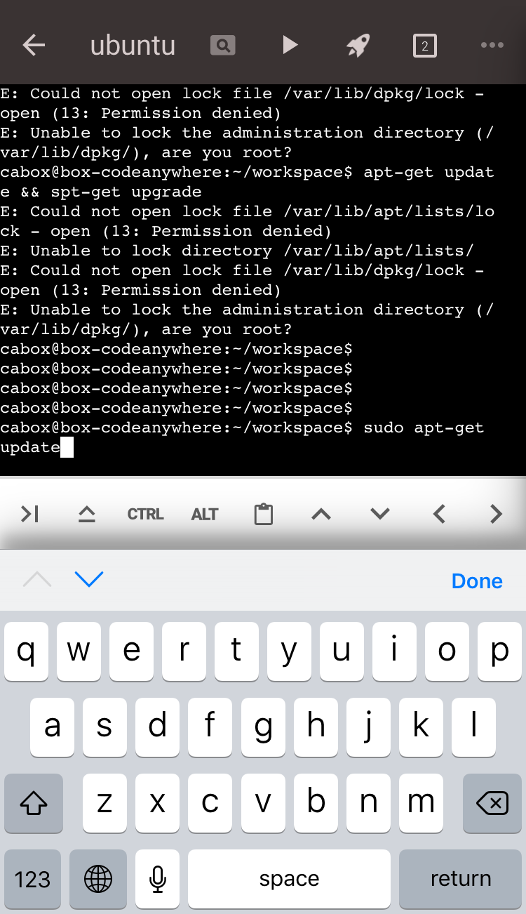 Codeanywhereの端末でapt-get updateがPermission denied、sudoで再実行する画面
