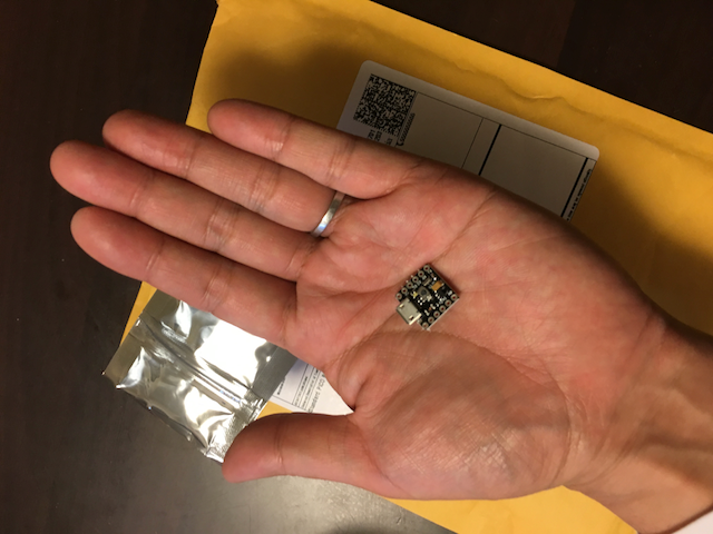 手のひらに載る極小のPICOボード、奥に黄色い封筒と銀色の静電気防止袋