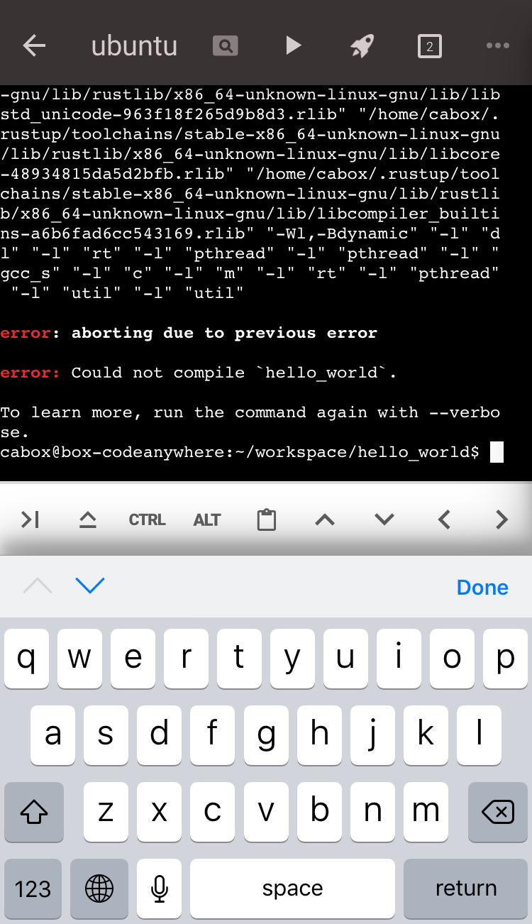 Codeanywhereのターミナルでhello_worldのビルドが失敗しError: Could not compileと表示された画面