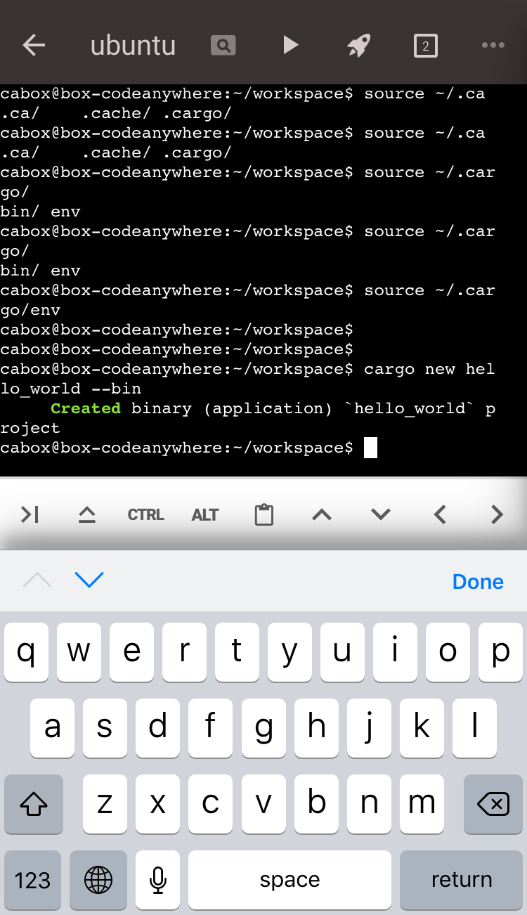CodeanywhereのiOSアプリ端末でcargo new hello_world --binを実行しプロジェクト作成成功