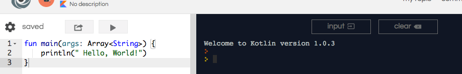 repl.itのKotlinエディタ。Hello World コードを実行するもコンソールにはバージョン表示のみで出力が出ない様子