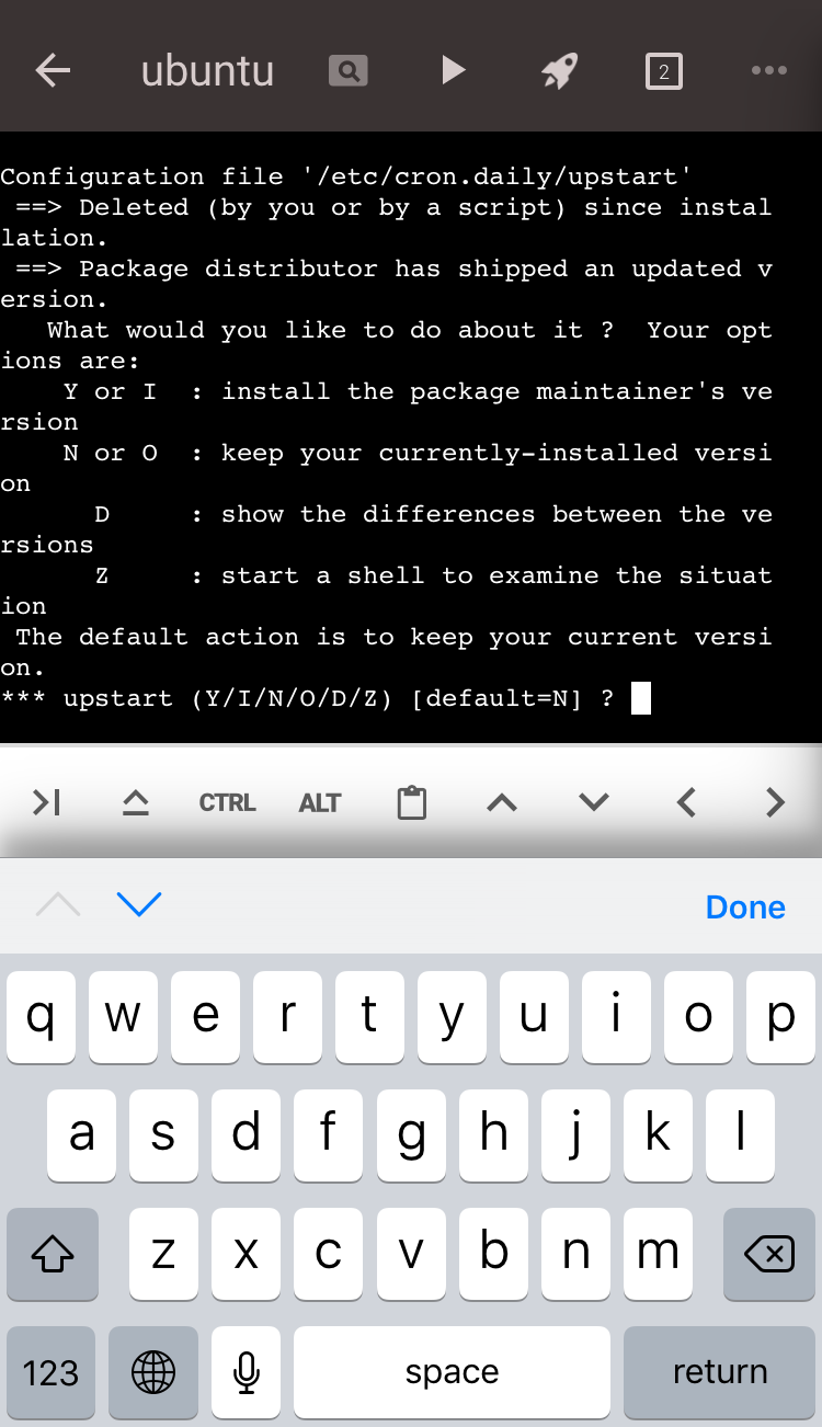 CodeanywhereのiOSアプリ端末画面。upstart設定ファイルの扱いを問うapt-getのY/I/N/O/D/Zプロンプト（default=N）表示