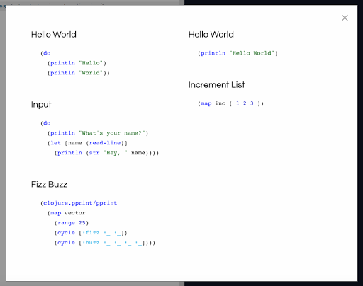 repl.itのexamples一覧。Hello World、Input、Fizz Buzz、Increment ListのClojureコード例