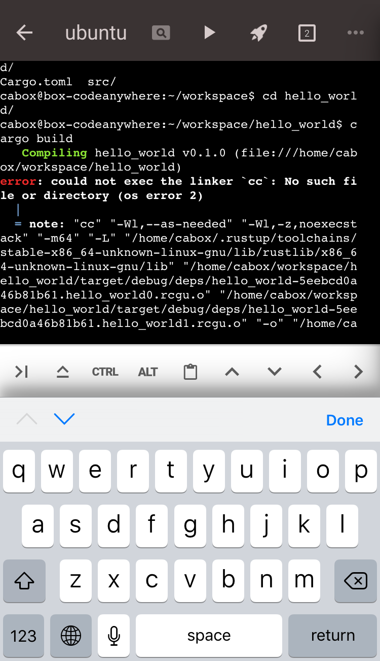 Codeanywhereのターミナルでcargo buildを実行し、リンカccが見つからないエラーが表示された画面