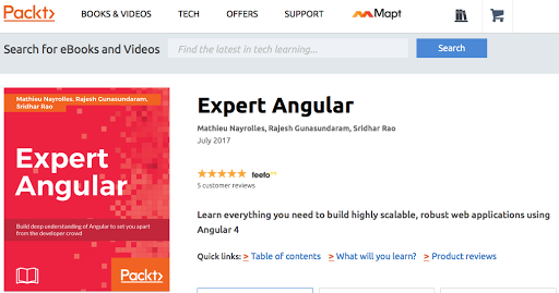 Packt書籍「Expert Angular」の販売ページ。赤い表紙と著者名・発売年・レビュー概要が表示されている